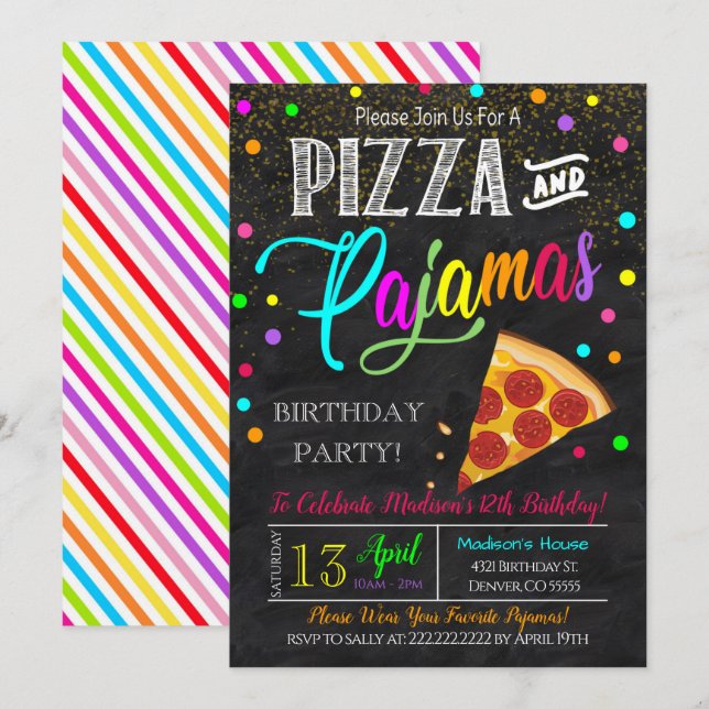 Invitación a la fiesta de pizzas y pijamas (Anverso / Reverso)
