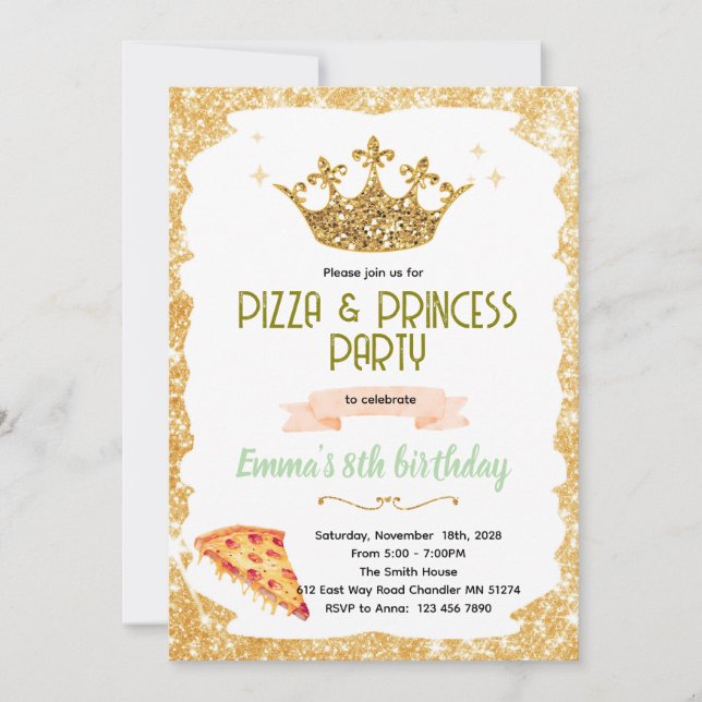 Invitación a la fiesta de pizzas y princesas (Anverso)