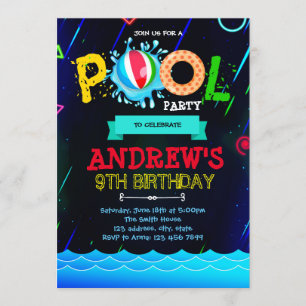 Invitación a la fiesta de pool de resplandor neón
