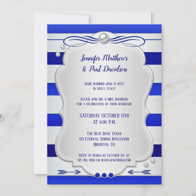 Invitación a la fiesta de posboda Silver Blue Stri (Anverso)