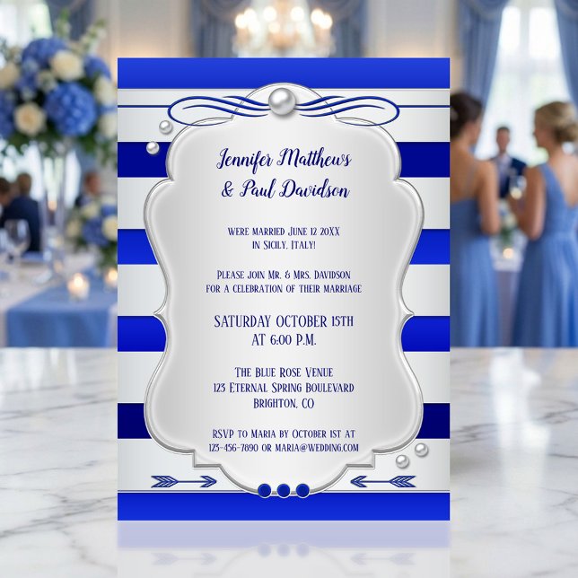 Invitación a la fiesta de posboda Silver Blue Stri (Post wedding party invitation featuring a silver with navy and royal blue stripe with tiny pearls)