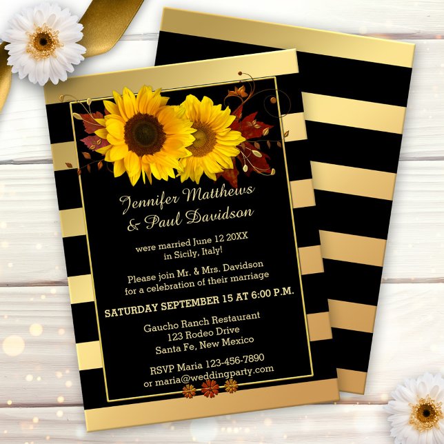 Invitación a la fiesta de poscasamiento del giraso (Chic gold black striped after wedding invitation with sunflowers)