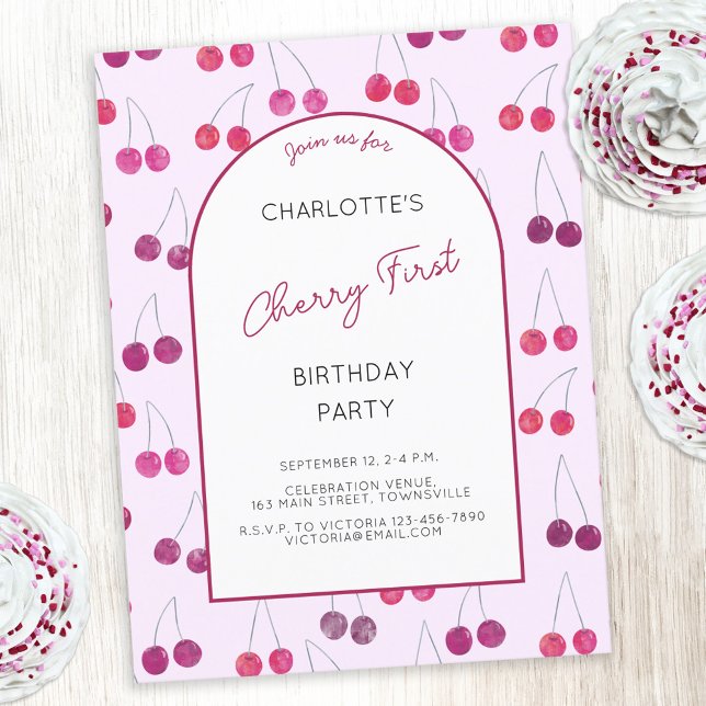 Invitación a la fiesta de primer cumpleaños de Che (Pink watercolor cherries Cherry First birthday party invitation with custom text)