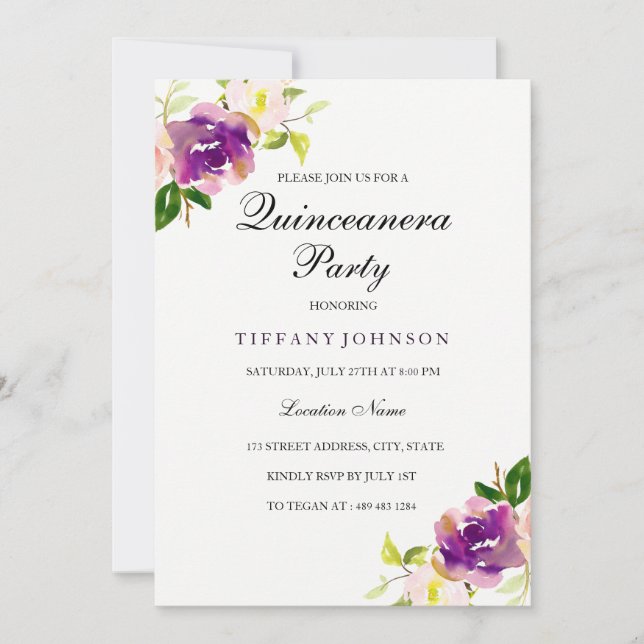 Invitación a la fiesta de Quinceanera con flores m (Anverso)