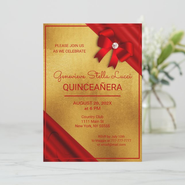 Invitación a la fiesta de Quinceañera de moda Roja (Anverso de pie)