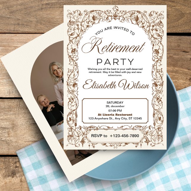 Invitación a la fiesta de retiro con foto: Elegant (Retirement Party Invitation with Photo: Elegant, Simple, and Classic)