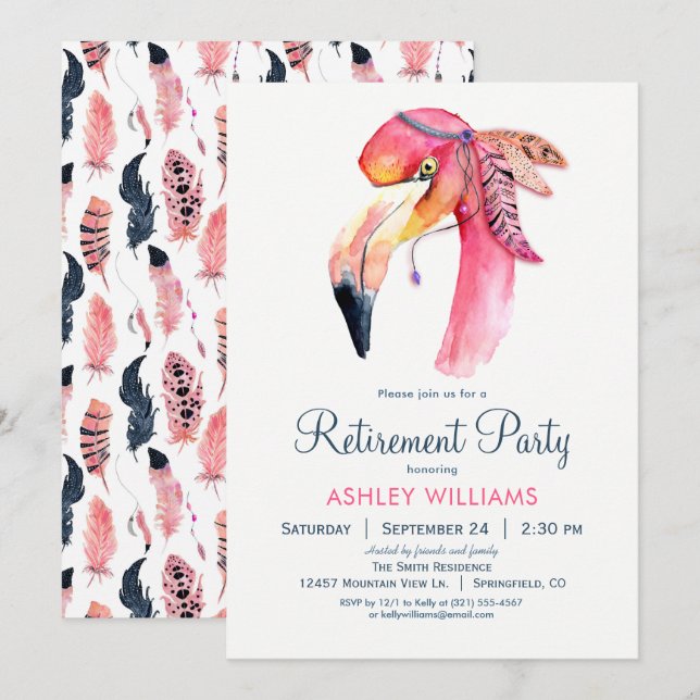 Invitación a la fiesta de retiro de flamingo rosad (Anverso / Reverso)