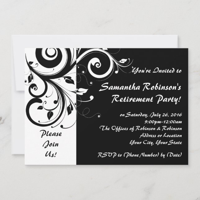 Invitación a la fiesta de retiro de Swirl Black+Wh (Anverso)
