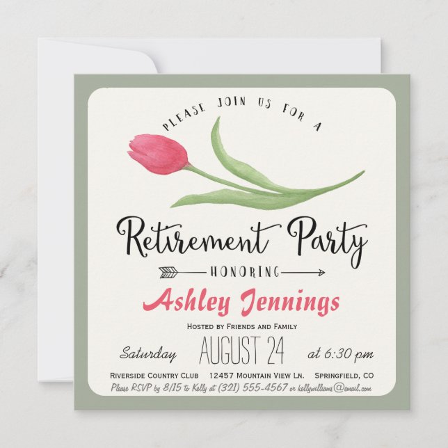Invitación a la fiesta de retiro de tulipanes rosa (Anverso)