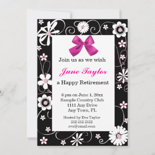 Invitación a la fiesta de retiro floral rosa y neg