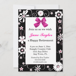 Invitación a la fiesta de retiro floral rosa y neg