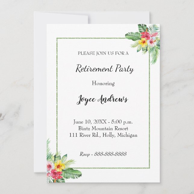 Invitación a la fiesta de retiro floral tropical (Anverso)