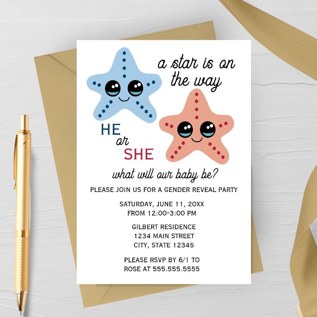Invitación a la Fiesta de Revelación de Género de  (Cute Starfish Gender Reveal Invitation | Summer Beach Gender Reveal | Star Themed)