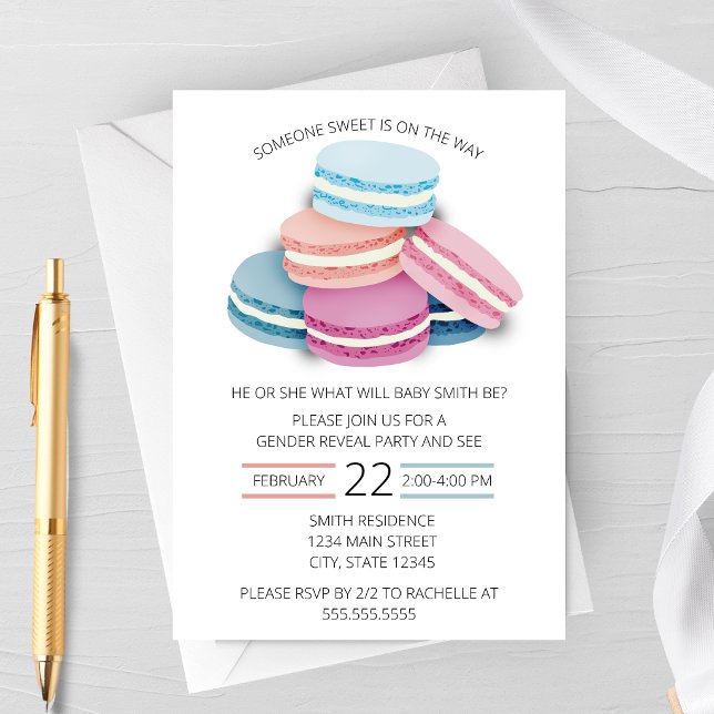 Invitación a la Fiesta de Revelación de Género de  (Macaron Gender Reveal Invitation | Sweet Dessert Gender Reveal Party Invitation)