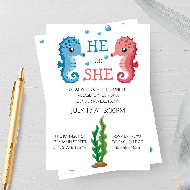 Invitación a la fiesta de revelación de género de  (Seahorse Gender Reveal Party Invitation | He or She Under the Sea Baby Reveal)