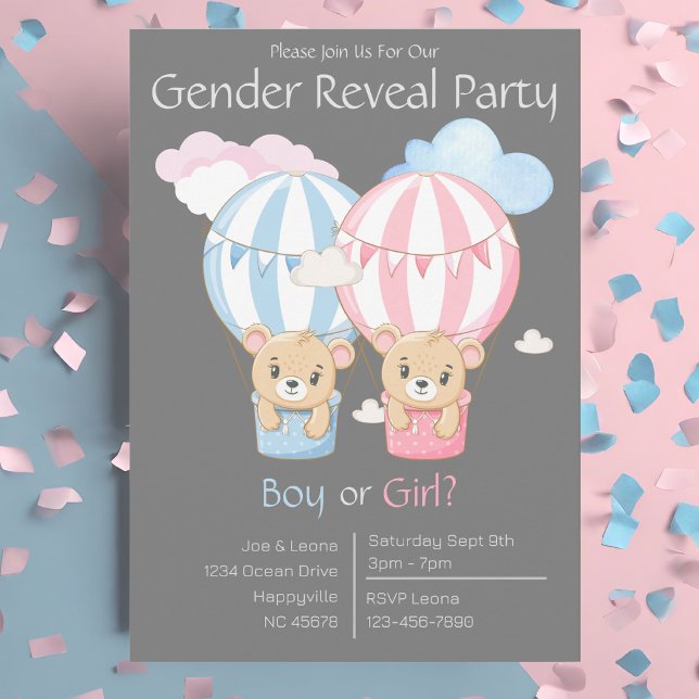 Invitación a la Fiesta de Revelación de Género Oso (Bears and Balloons Gender Reveal Party Invitation)