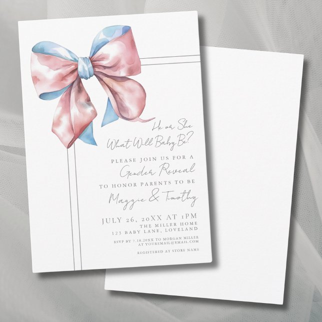 Invitación a la Fiesta de Revelación del Género co (Pink And Blue Bow Gender Reveal Party Invitation)