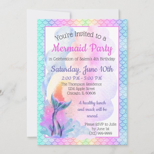 Invitación a la fiesta de sirena arcoiris (Anverso)
