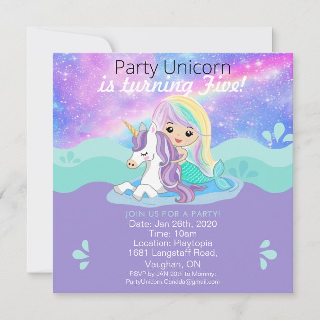 Invitación a la fiesta de Sirena + Unicornio (Anverso)