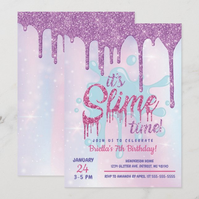 Invitación a la fiesta de slime con purpurina (Anverso / Reverso)