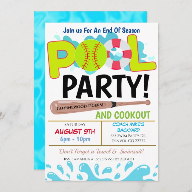 Invitación a la fiesta de sóftbol en la piscina de (Anverso / Reverso)