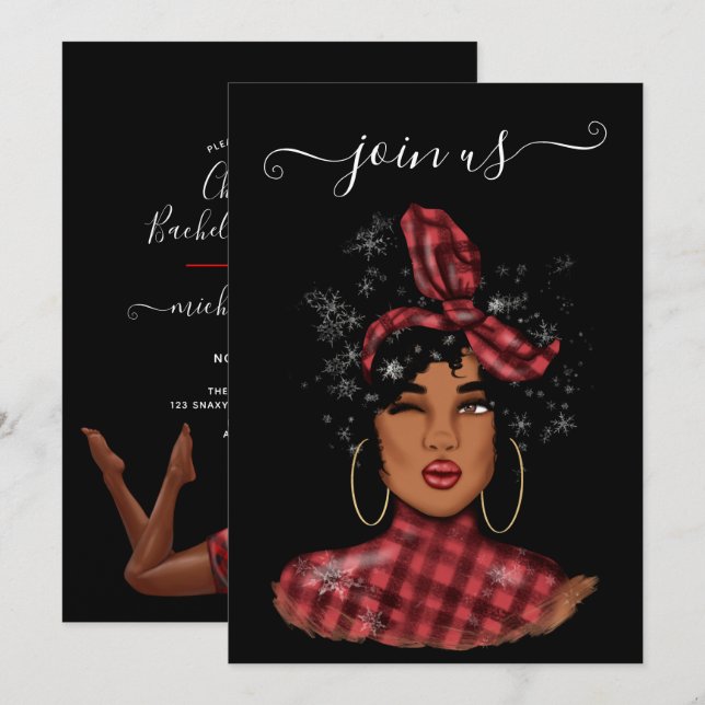 Invitación a la fiesta de soltera de Navidad afroa (Anverso / Reverso)