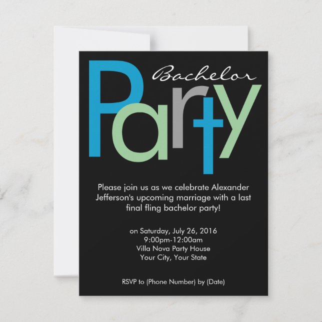 Invitación a la fiesta de soltero negro azul de bl (Anverso)