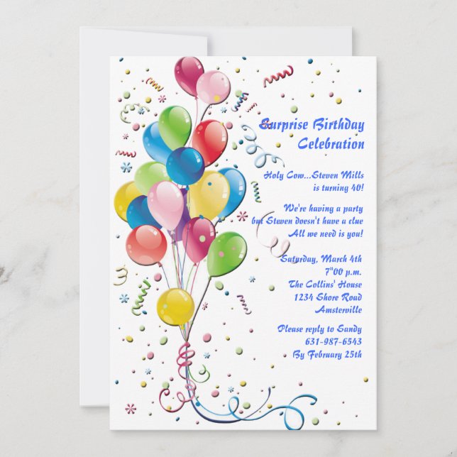 Invitación a la fiesta de sorpresa de globo (Anverso)