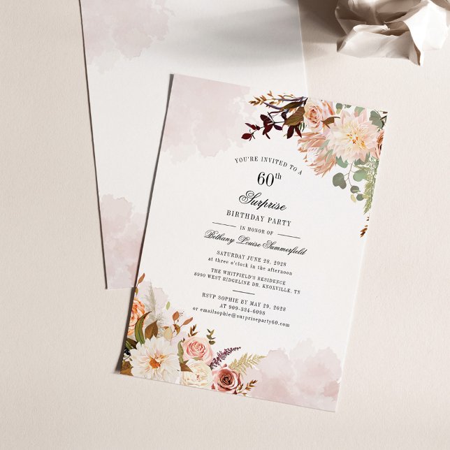 Invitación a la fiesta de sorpresa por cumpleaños  (Watercolor Floral 60th Birthday Party Invitation)