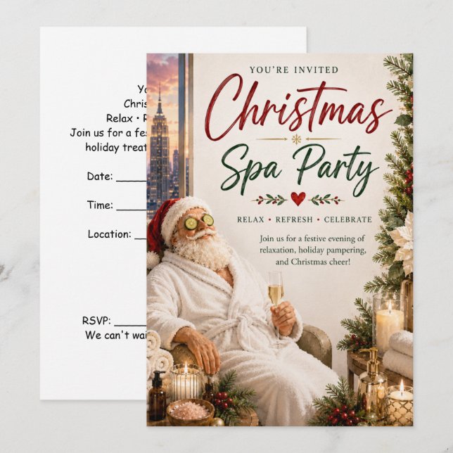 Invitación a la fiesta de spa de Navidad con Santa (Anverso / Reverso)