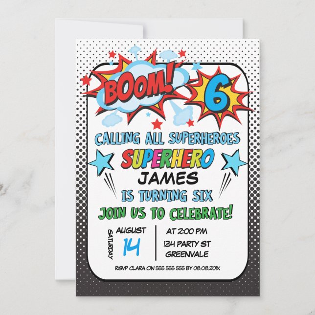 Invitación a la Fiesta de Superhéroe 6º cumpleaños (Anverso)