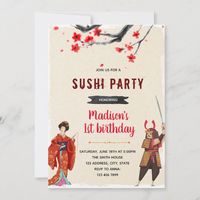 Invitación a la fiesta de sushi de Geisha Samurai (Anverso)