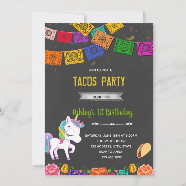 Invitación a la fiesta de tacos de unicornio (Anverso)