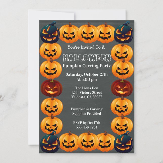 Invitación a la fiesta de tallado de calabaza gris (Anverso)