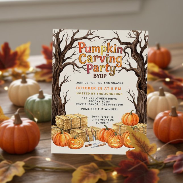 Invitación a la fiesta de tallado de calabazas Hal (Pumpkin Carving Party invitation by Darling & May - available printed or digital download)