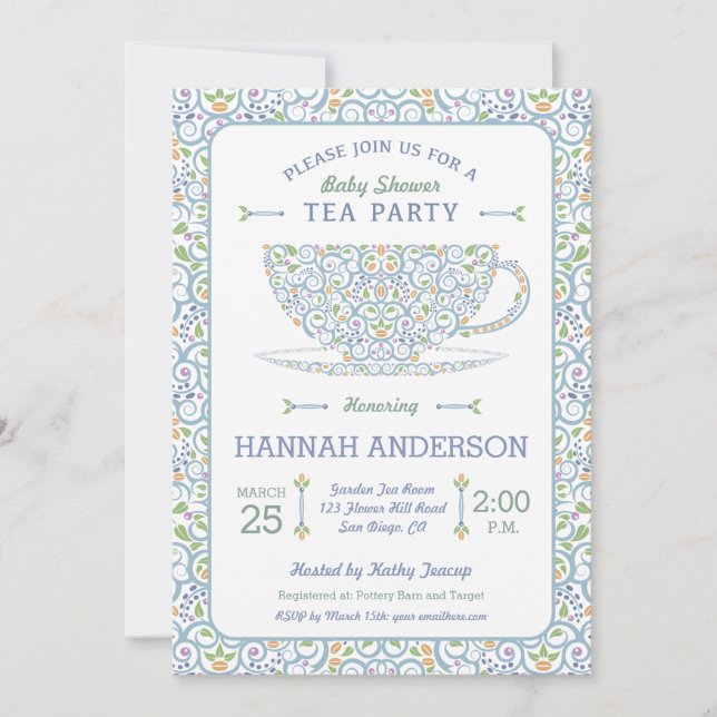 Invitación a la fiesta de té azul para baby shower (Anverso)