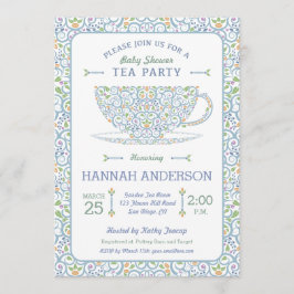 Invitación a la fiesta de té azul para baby shower