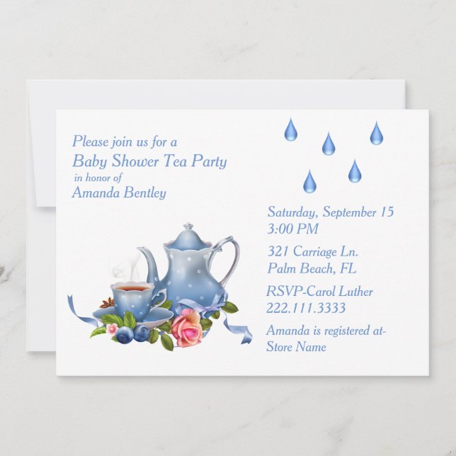 Invitación a la fiesta de té de Baby Shower azul d (Anverso)