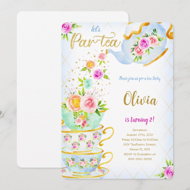 Invitación a la fiesta de té de cumpleaños dorado (Anverso / Reverso)