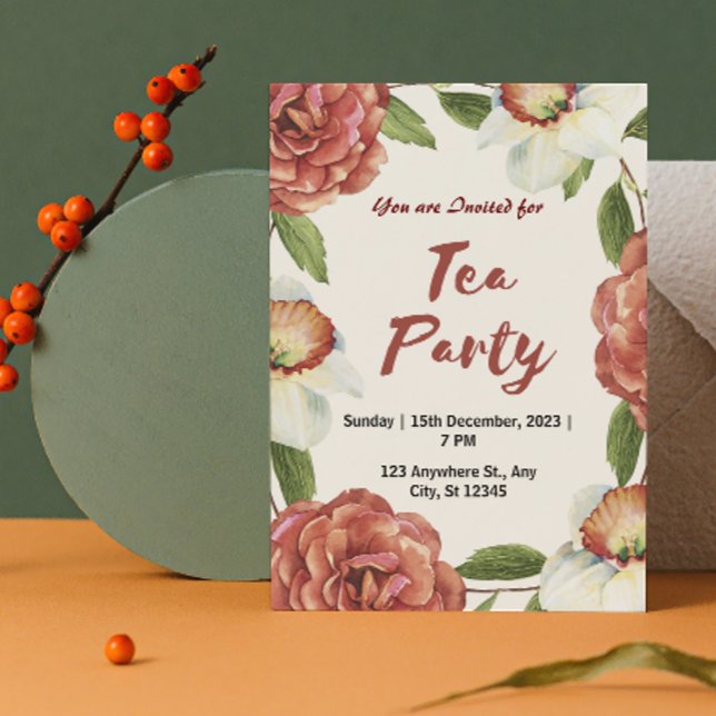 Invitación a la fiesta de té de flores rojas, verd (Subido por el creador)