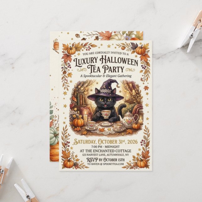 Invitación a la fiesta de té de Halloween de gato  (Anverso/Reverso In Situ)