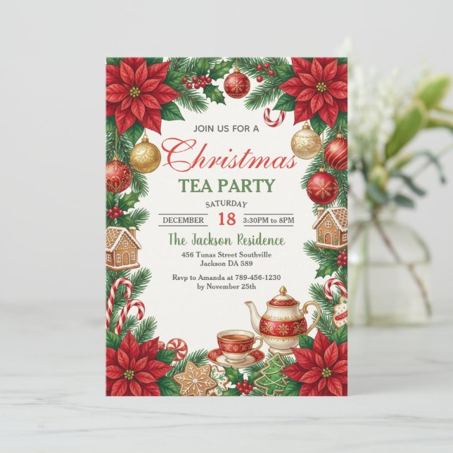 Invitación a la fiesta de té de Navidad (Anverso de pie)