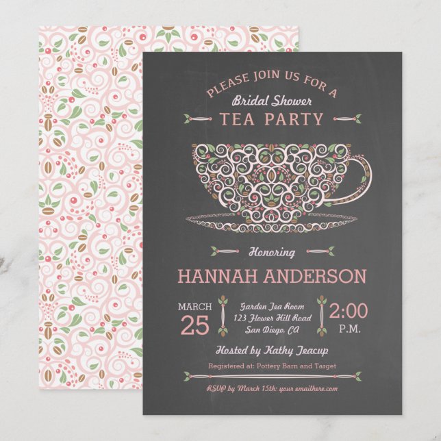 Invitación a la fiesta de té de novias Lacy Teacup (Anverso / Reverso)