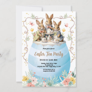 Invitación a la fiesta de té de Pascua. Azul conej