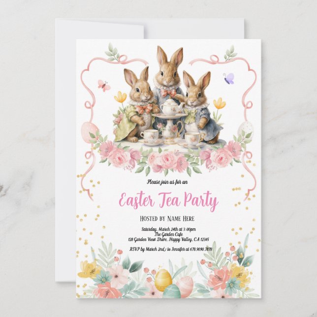 Invitación a la fiesta de té de Pascua. Bunny acua (Anverso)