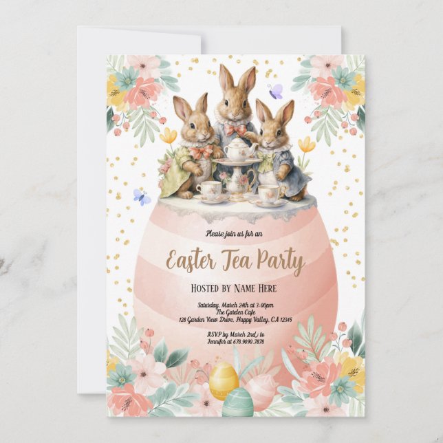 Invitación a la fiesta de té de Pascua. Bunny Pink (Anverso)