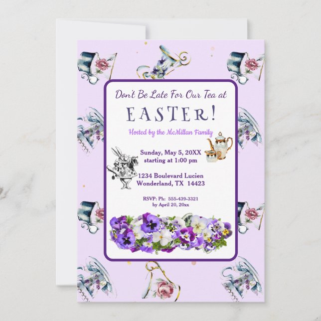 Invitación a la fiesta de té de Pascua de Conejo B (Anverso)