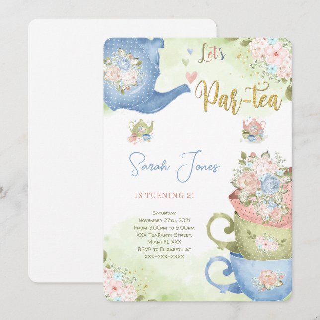 Invitación a la fiesta de té del 2º cumpleaños (Anverso / Reverso)