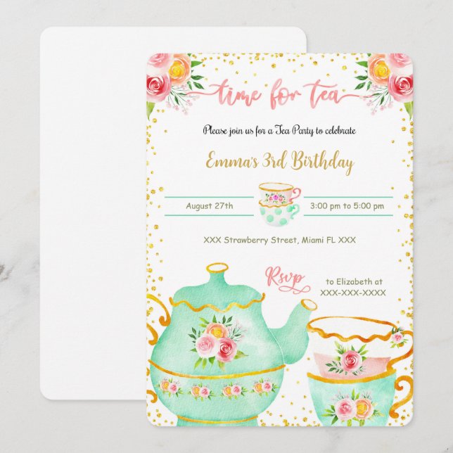 Invitación a la Fiesta de Té del 3er Cumpleaños (Anverso / Reverso)