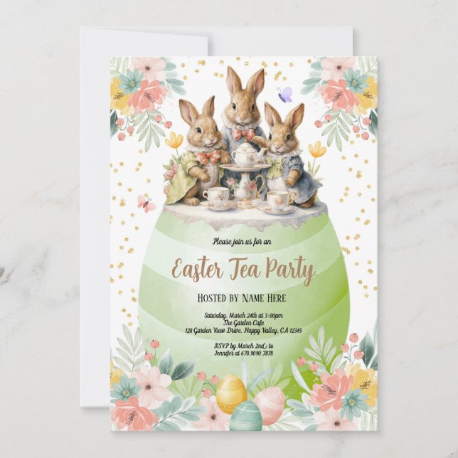 Invitación a la fiesta de té del conejo de Pascua. (Anverso)